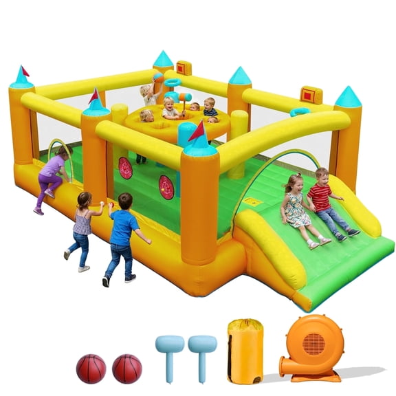 INFLATEFLY Inflatable Bounce House Whack-a-Mole Game, Large Slide, Bouncing Area, 2 Basketball Hoops, 2 Sticky Targets, for Ages 3-8  18 x 11 x 6.6 ft