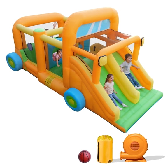 INFLATEFLY Inflatable Bounce House, Car Theme Indoor & Outdoor Play Center with 2 Slides, Basketball Hoop, Obstacle Course, for Ages 3-8