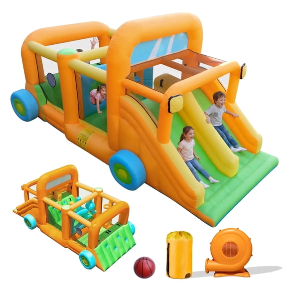 INFLATEFLY Inflatable Bounce House Car Theme Indoor and Outdoor Play Center with 2 Slides, Basketball Hoop, Obstacle Course