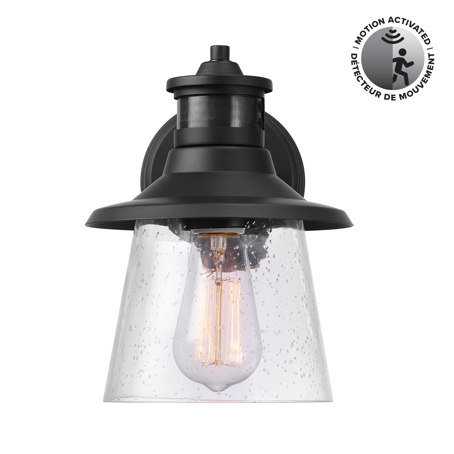 Globe Electric Juno 1-Light Matte Black Motion Sensor Outdoor Wall Sconce with Clear Seeded Glass Shade