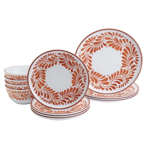 INFUSE 12 Piece Lebrillo Pattern Melamine Dinnerware Set for Outdoor Dinner Salad Plates Bowls, Orange