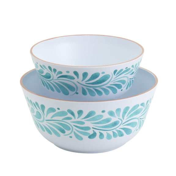 INFUSE 2 Piece Lebrillo Pattern Melamine Serving Bowls Set for Outdoor Parties Entertaining, Aqua