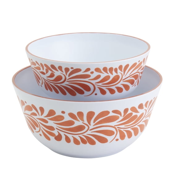 INFUSE 2 Piece Lebrillo Pattern Melamine Serving Bowls Set for Outdoor Parties Entertaining, Orange