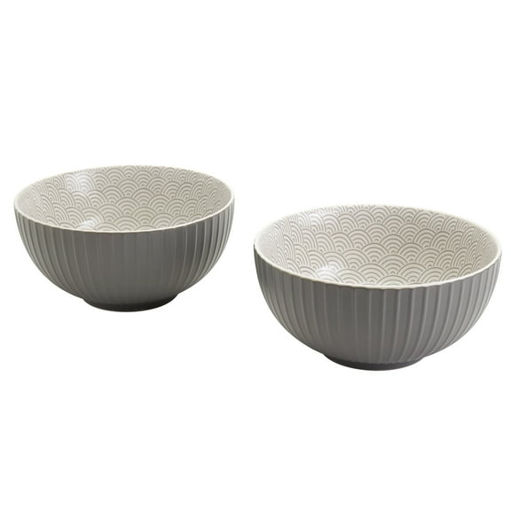 INFUSE 2 Piece Set of Large 58 oz. Stoneware Ramen Noodle Bowls Pho Soup Dinner, Gray Waves