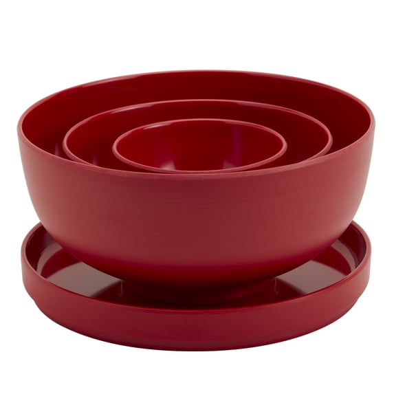 INFUSE 4 Piece Melamine Nesting Ramen Bowl Set with Plate & Lid, Red