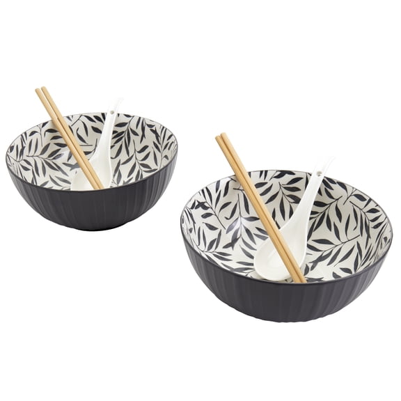 INFUSE 8 Piece Set Large Stoneware Ramen Bowl Noodles Pho Soup Dinner with Chopsticks Plates/Lids, Gray Leaves
