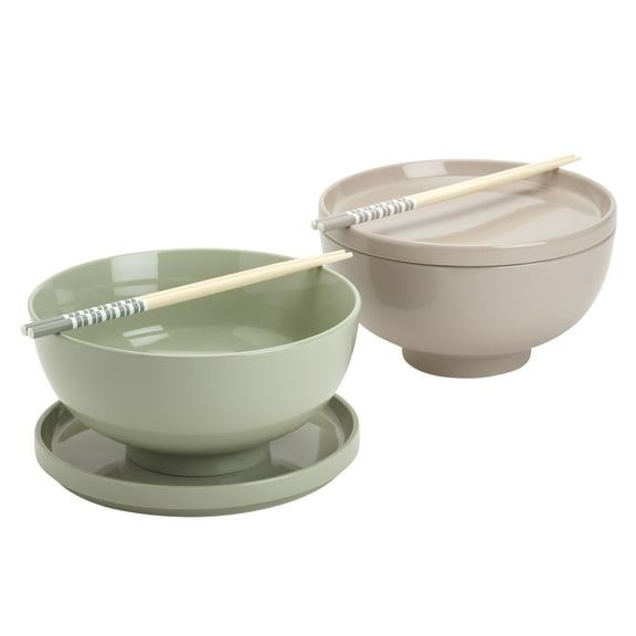 INFUSE 8 Piece Set Large Stoneware Ramen Bowl Noodles Pho Soup Dinner with Chopsticks Plates/Lids, Matcha Green & Sand