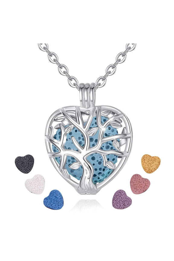 Tree of Life Essential Oil Diffuser Necklace for Women Aromatherapy Jewelry Charm Gifts, 7pcs Lave Rock Stone, 24 Inch Chain