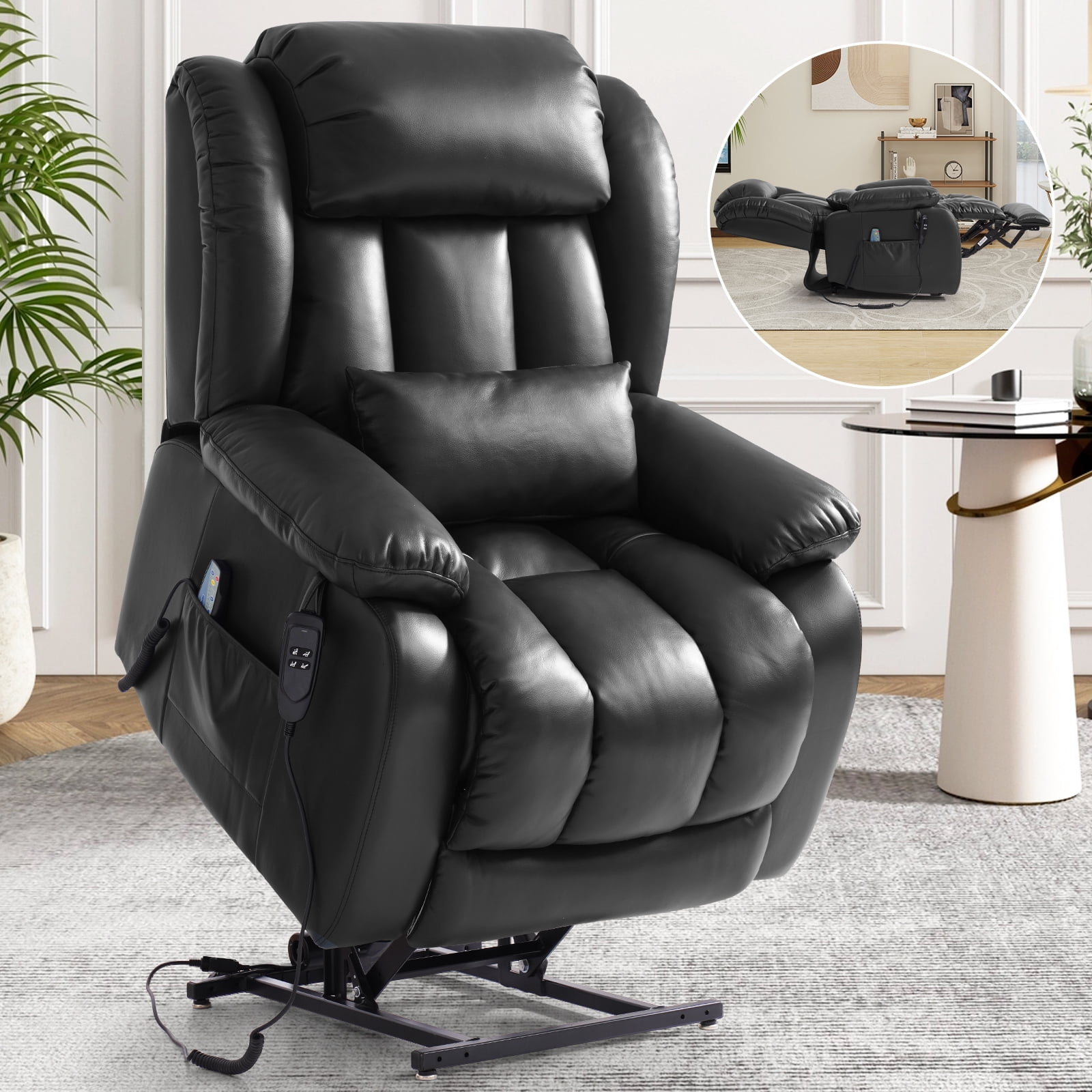 INGALIK Power Lift Recliner Chair Dual Motor, Infinite Position Lay Flat Recliners for Adult & Elderly with Heat & Massage, Large, Type-C Charge, Lumbar Pillow for Living Room, Leather (Black)