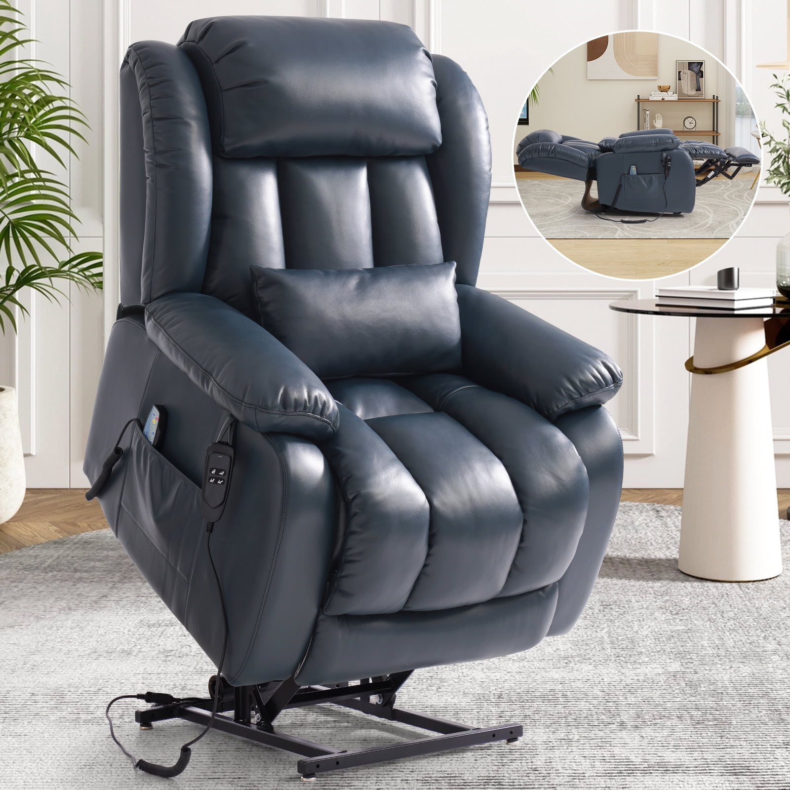 INGALIK Power Lift Recliner Chair Dual Motor, Infinite Position Lay Flat Recliners for Adult & Elderly with Heat & Massage, Large, Type-C Charge, Lumbar Pillow for Living Room, Leather (Blue)
