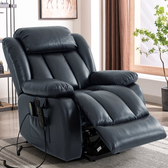 INGALIK Power Lift Recliner Chair Dual Motor, Electric Leather Recliner for Elderly with Heat and Massage, Lay Flat Assist Recliner with Side Pocket for Living Room (Blue)
