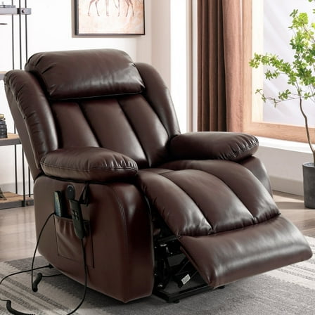 INGALIK Power Lift Recliner Chair Dual Motor, Electric Leather Recliner for Elderly with Heat and Massage, Lay Flat Assist Recliner with Side Pocket for Living Room (Brown)