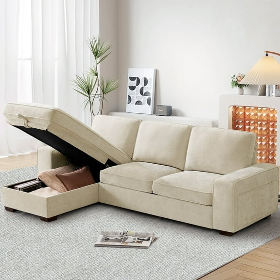 INGALIK 100" Sectional Sofa with Storage Chaise, Oversized L-Shaped Couch, Large Modern Chenille Sofa 3 Seat with Removable Cushion Covers USB Type-C Ports for Living Room (Beige)
