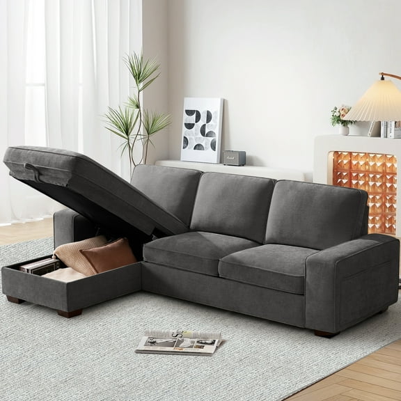 INGALIK 100" Sectional Sofa with Storage Chaise, Oversized L-Shaped Couch, Large Modern Chenille Sofa 3 Seat with Removable Cushion Covers USB Type-C Ports for Living Room (Dark Gray)