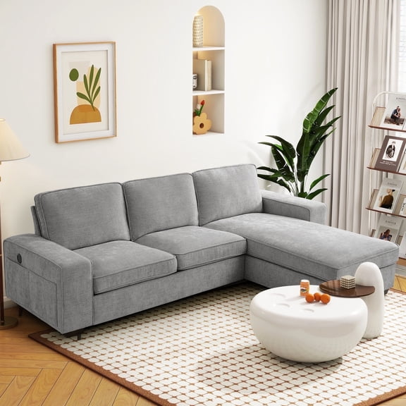 INGALIK 99" Sectional Sofa with Storage Chaise, Oversized L-Shaped Couch, Large Modern Chenille Sofa 3 Seat with Removable Cushion Covers USB Type-C Ports for Living Room (Light Gray)
