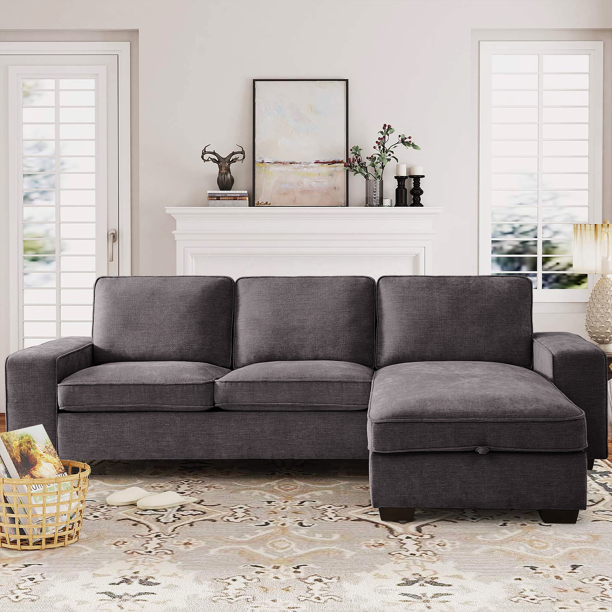 INGALIK 98.42" Convertible Sectional Sofa, Chenille L Shaped Sleeper