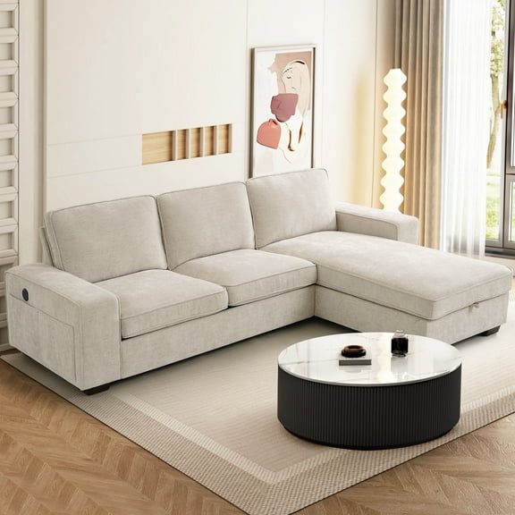 INGALIK 98" Sectional Sofa with Large Storage Chaise, L-Shaped Oversized Couch, Chenille Sofa 3-Seat with Removable Cushion Covers USB Type-C Ports for Living Room (Beige)
