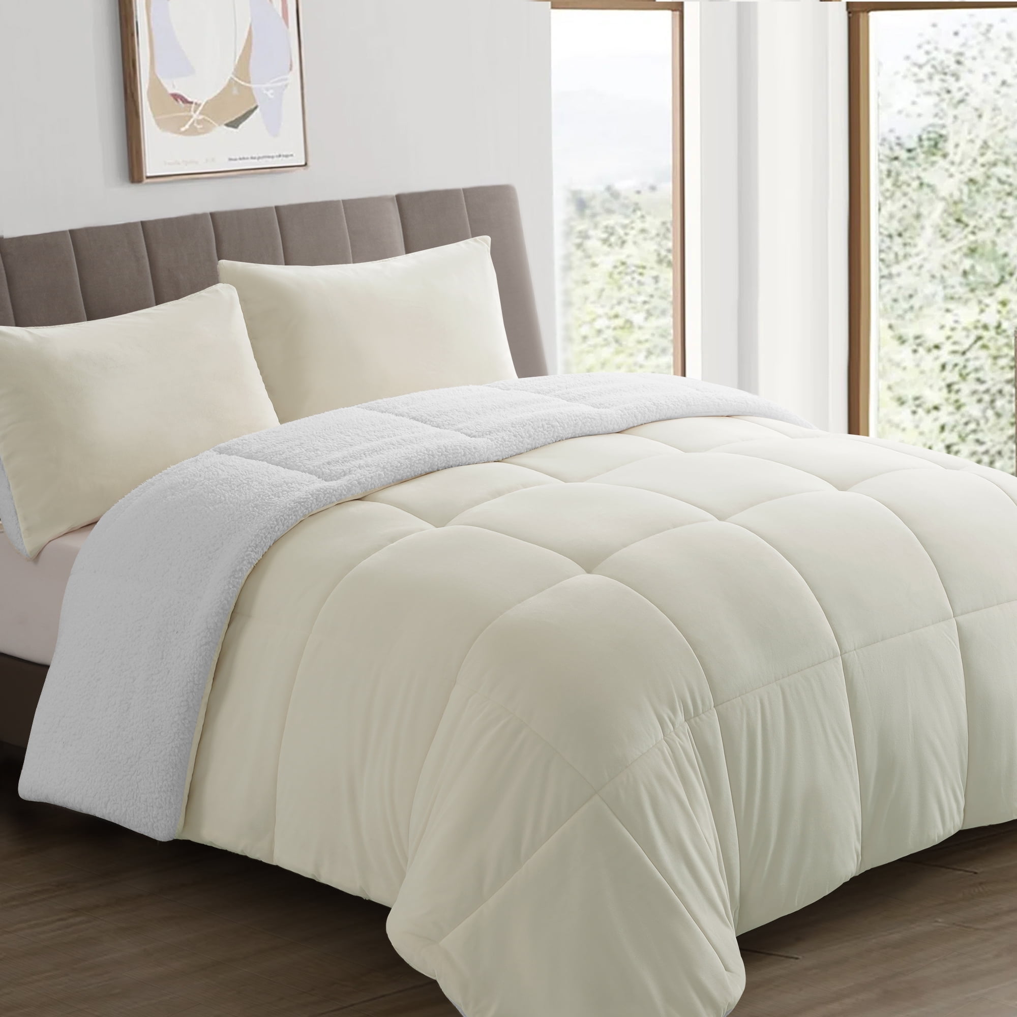 INGALIK California King Sherpa Comforter Set Soft Quilted Down Alternative Comforter Reversible Duvet with 2 Pillowcases Plush Warm Fall Winter 3 Piece Bedding Sets Ivory Walmart Business Supplies