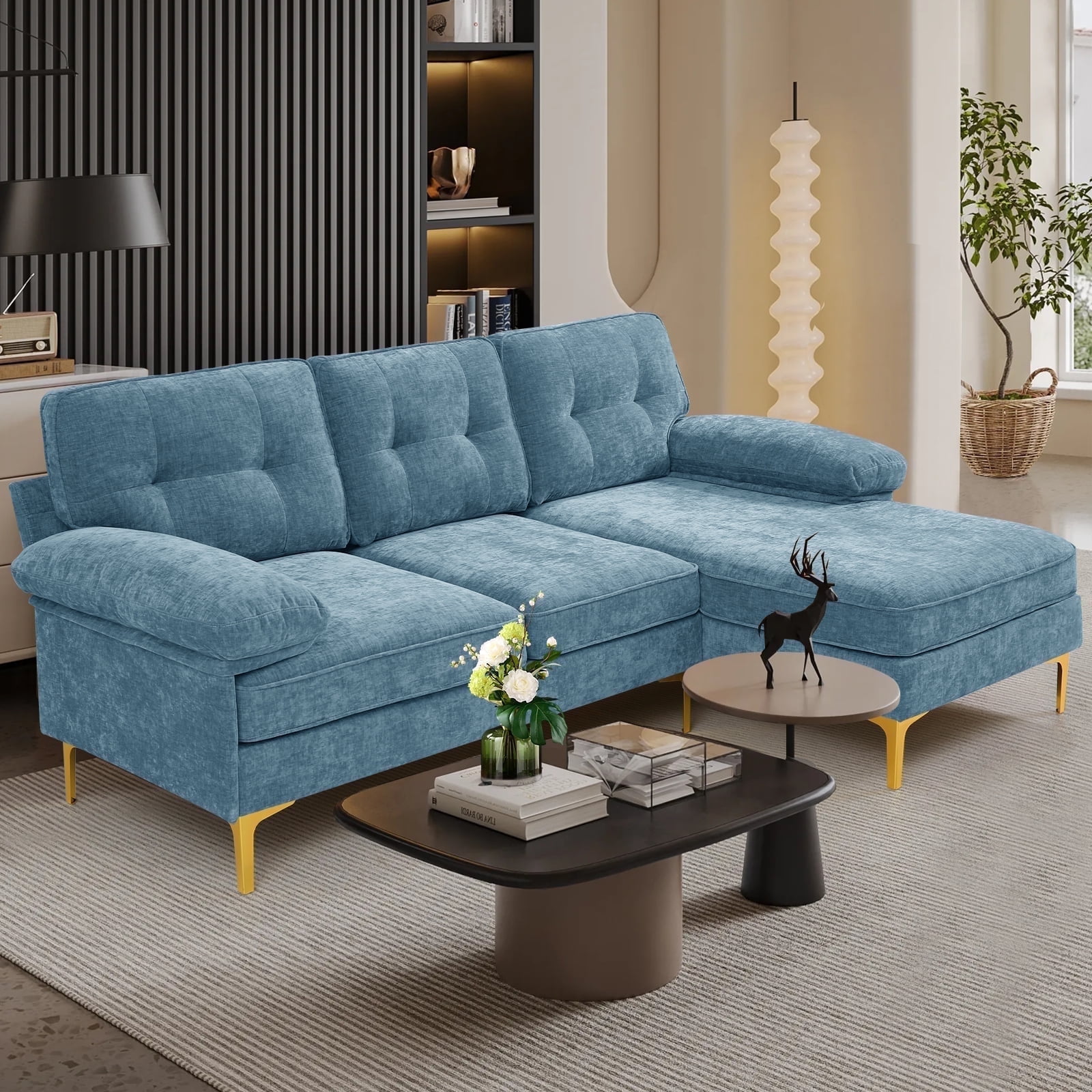 INGALIK Convertible Sectional Sofa Couch, L-Shaped Couch with Reversible Chaise Lounge, Chenille Fabric Modern Sofa for Living Room, Apartment, Office, 3 Seats, Light Blue