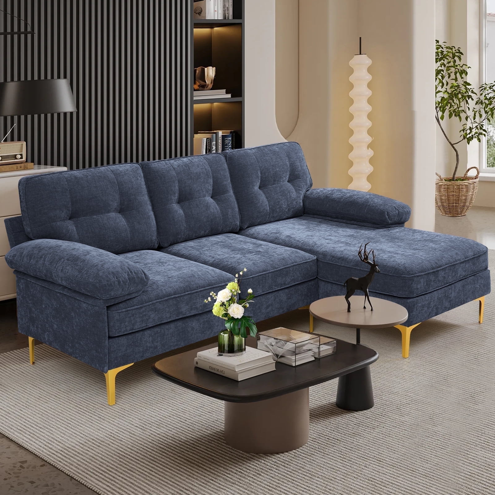 INGALIK Convertible Sectional Sofa Couch L Shaped Couch with Reversible Chaise Lounge Chenille Fabric Modern Sofa for Living Room Apartment Office 3 Seats Dark Blue Shop Black Friday Deals for 2024 Wa...