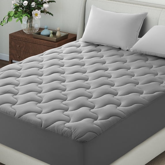 INGALIK Premium 400TC Quilted Mattress Pad, Full XL, Cooling Breathable Topper, Fluffy Soft Protector, 8-21" Deep Pocket, Light Gray