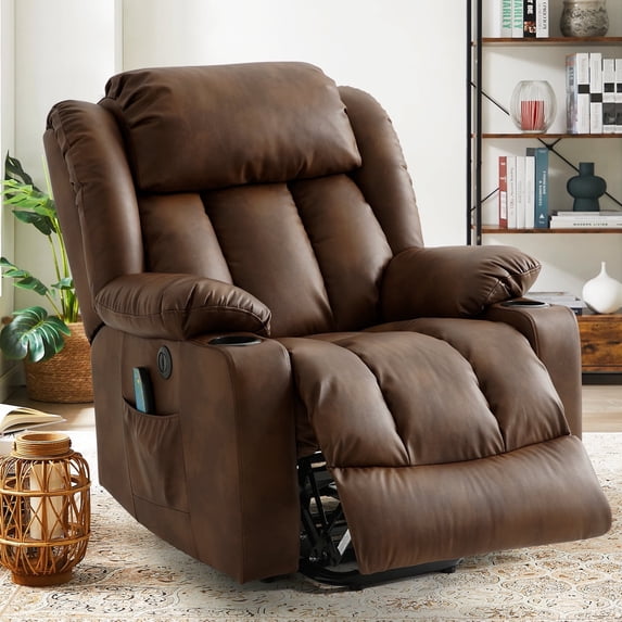 INGALIK Power Lift Recliner, Leather Electric Chair Recliners with 150° Reclining, Heating and Massage, Cup Holders, Storage, USB Charging (Ochre)