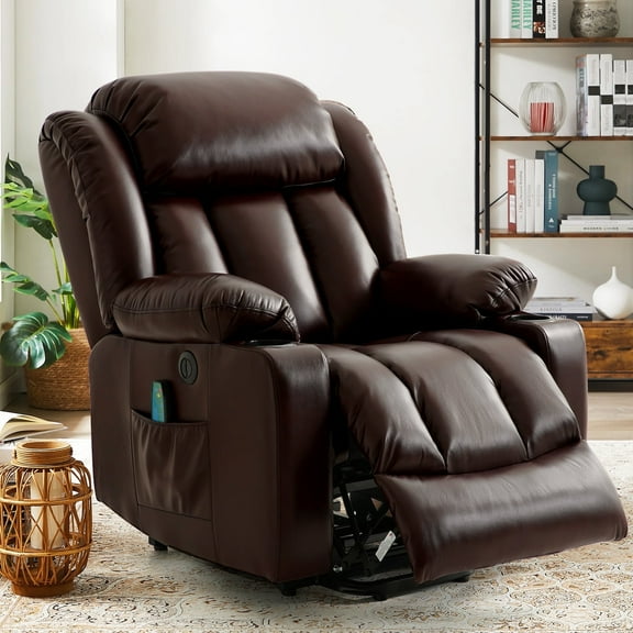 INGALIK Power Lift Recliner, Leather Electric Chair Lay Flat Recliner with Heating and Massage, Cup Holders, Storage, USB Charging (Brown)