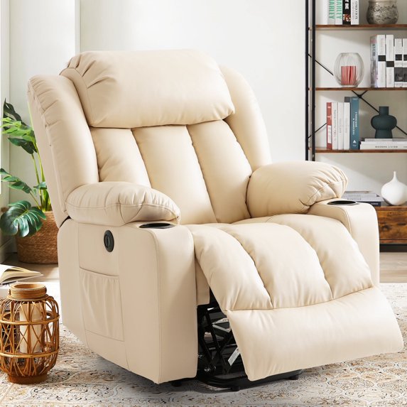 INGALIK Large Power Lift Recliner Chair with Heating and Massage, Breathable Leather Electric Lift Assist Recliner for Living Room with USB Charge, Cup Holders (Beige)