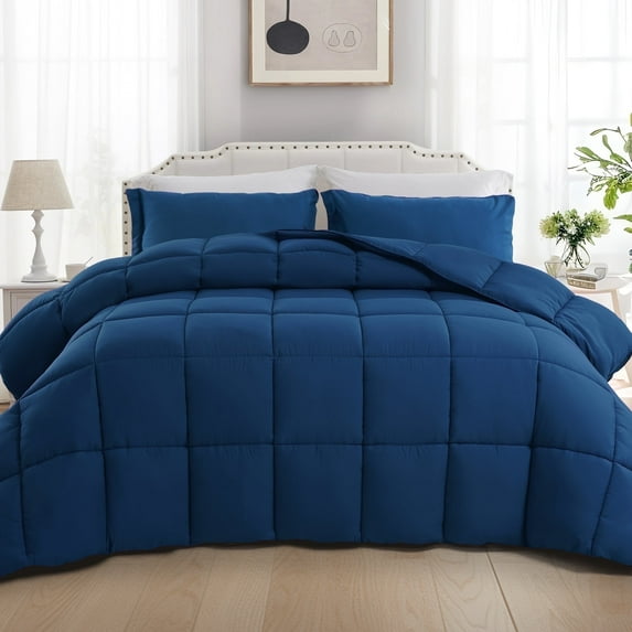 INGALIK Luxury Hotel-Style 3-Piece King Comforter Set, Hypoallergenic Quilted Down Alternative, All-Season Duvet Insert, Machine Washable, Corner Tabs, (Blue, 90x102 inch)