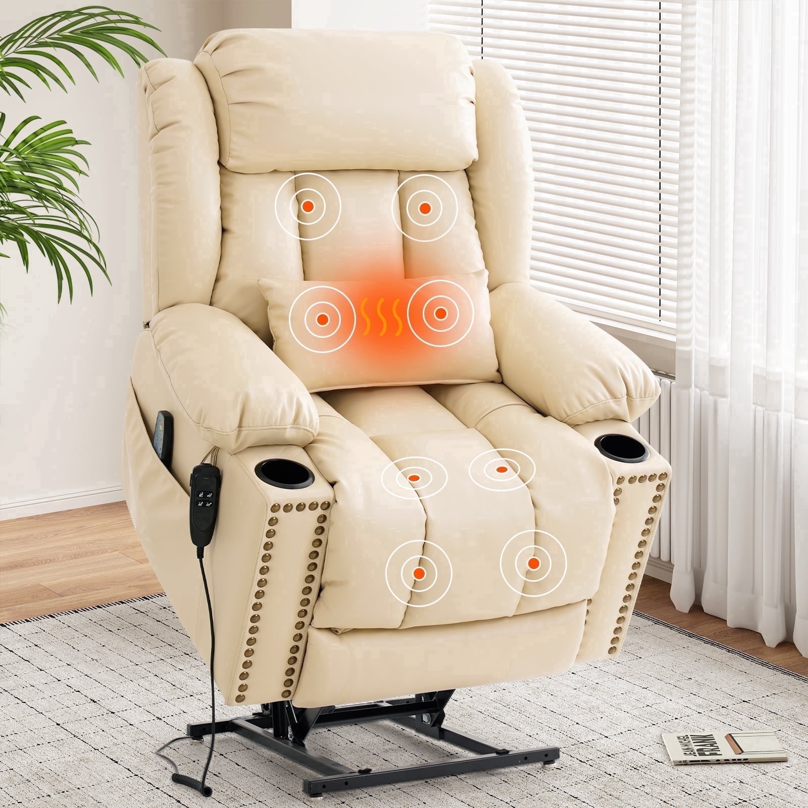 INGALIK Dual Motor Power Lift Recliner Chair, Infinite Position Lay Flat Recliners for Adult & Elderly with Heat & Massage, Cup Holder, Type-C Charge for Living Room, Leather (Beige)