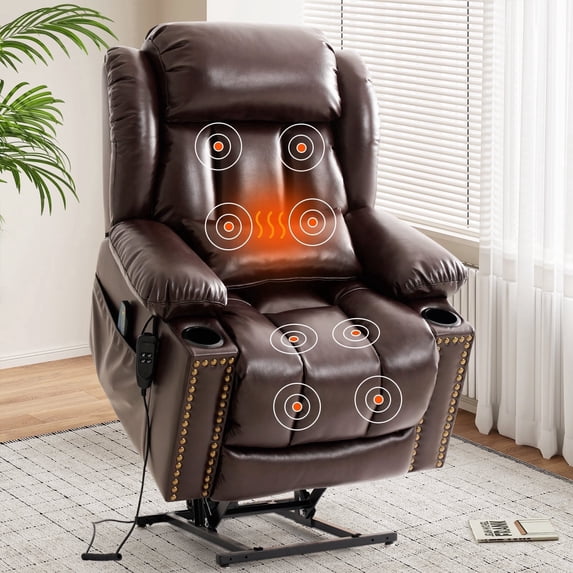 INGALIK Power Lift Recliner Chair Dual Motor, Electric Leather Recliner for Elderly with Heat and Massage, Lay Flat Assist Recliner with Cup holder for Living Room (Brown)