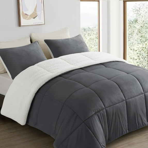 INGALIK Queen Sherpa Comforter Set, Soft Quilted Down Alternative Comforter Reversible Duvet with 2 Pillowcases, Plush Warm Fall Winter 3 Piece Bedding Sets, Dark Grey