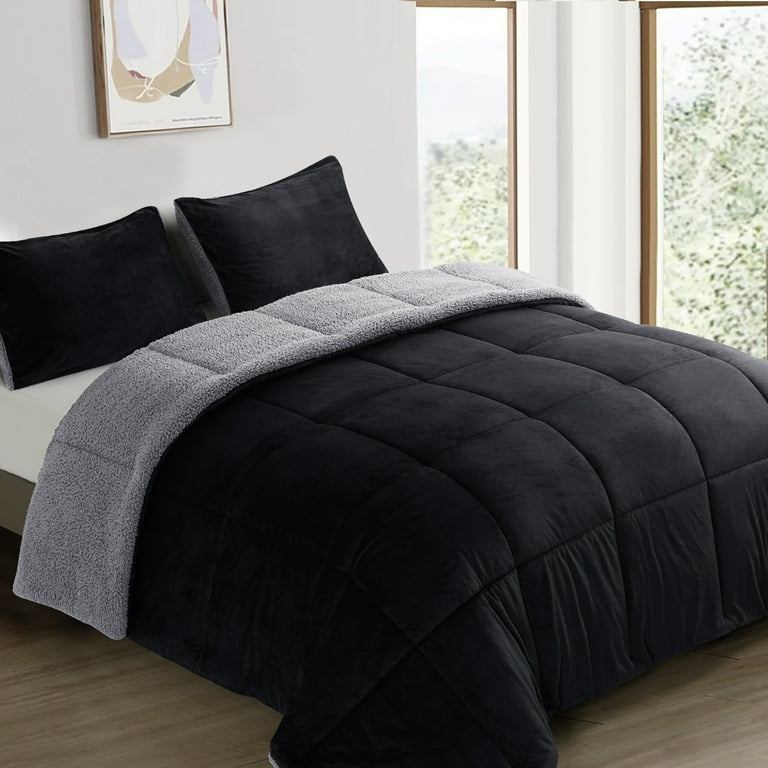INGALIK Queen Sherpa Comforter Set Soft Quilted Down Alternative Comforter Reversible Duvet with 2 Pillowcases Plush Warm Fall Winter 3 Piece
