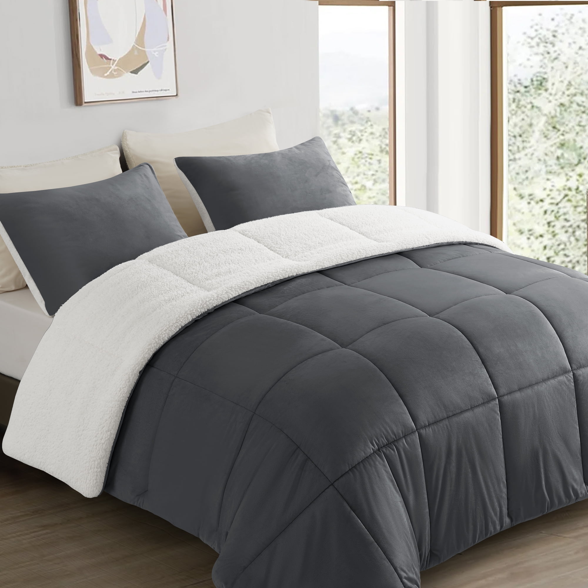 Nestl 3-Piece Soft Down Alternative Reversible Queen Comforter Set, Queen/Full,  Navy & Sage 