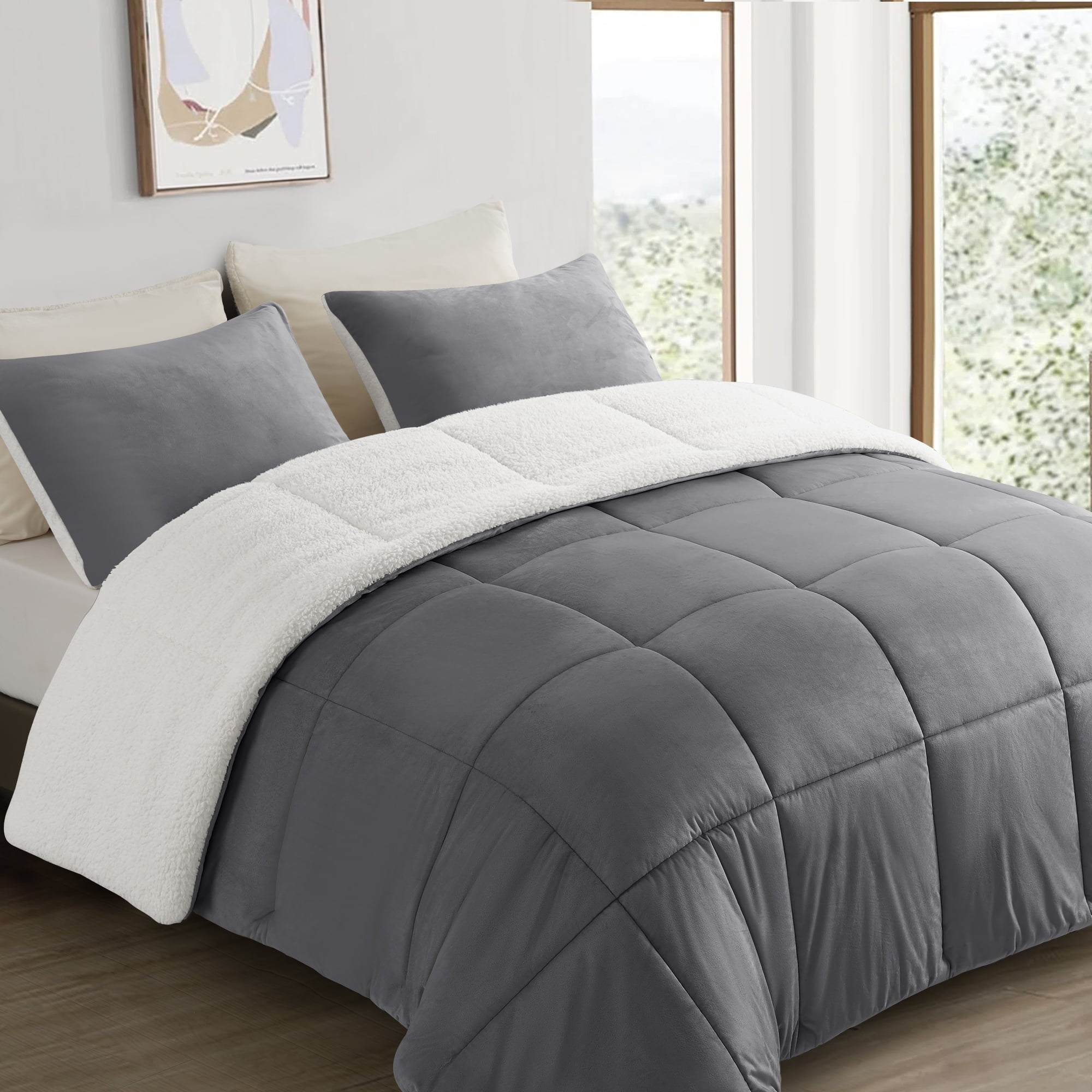 INGALIK Queen Sherpa Comforter Set Soft Quilted Down Alternative Comforter Reversible Duvet with 2 Pillowcases Plush Warm Fall Winter 3 Piece