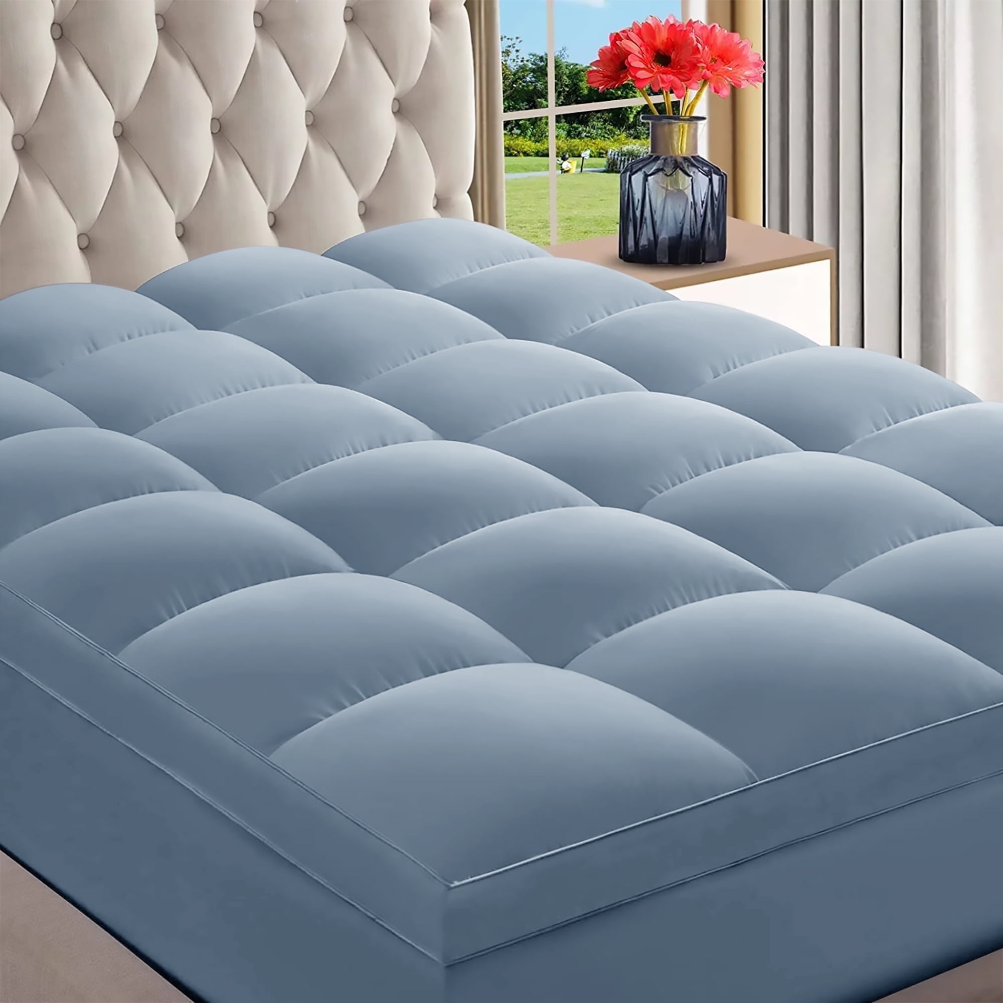 INGALIK Short Queen Mattress Topper Extra Thick Cooling Mattress Pad Cover 400TC Cotton Pillow Top Protector with 8 21 Deep Pocket Soft 5D Spiral Fiber Padding for Back Pain Dusty Blue Walmart Busines...