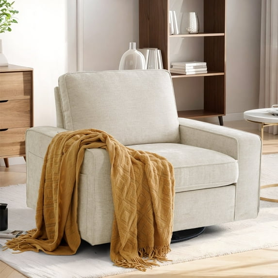 INGALIK Swivel Accent Chair, 40.2"W Oversize Chenille Accent Armchair with Storage Bag, Modern Comfortable Chair for Living Room, Bedroom, Beige