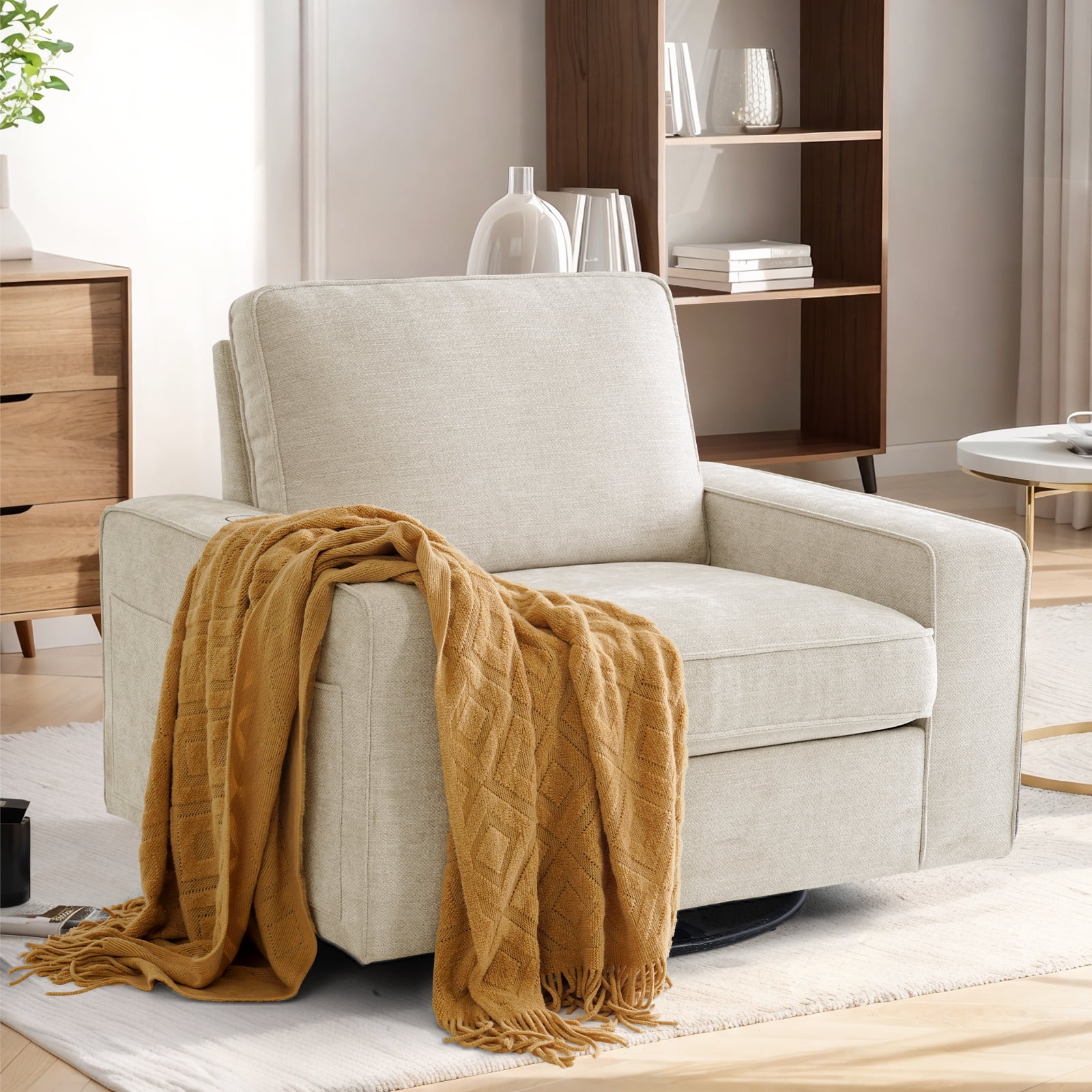 INGALIK Oversize Swivel Accent Armchair, Chenille Living Room Reading Chair with Storage, Beige