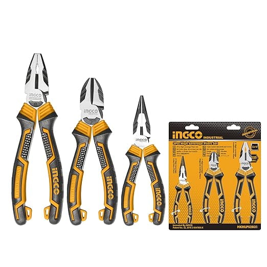 INGCO 3 Pcs High Leverage Pliers Set, Cr-V | Black Finish and Polish, Include 9.5" Linesman Pliers, 7" Diagonal Cutting Pliers, 8" Needle Nose Pliers Suitable for Home, Car & Toy maintenance, etc