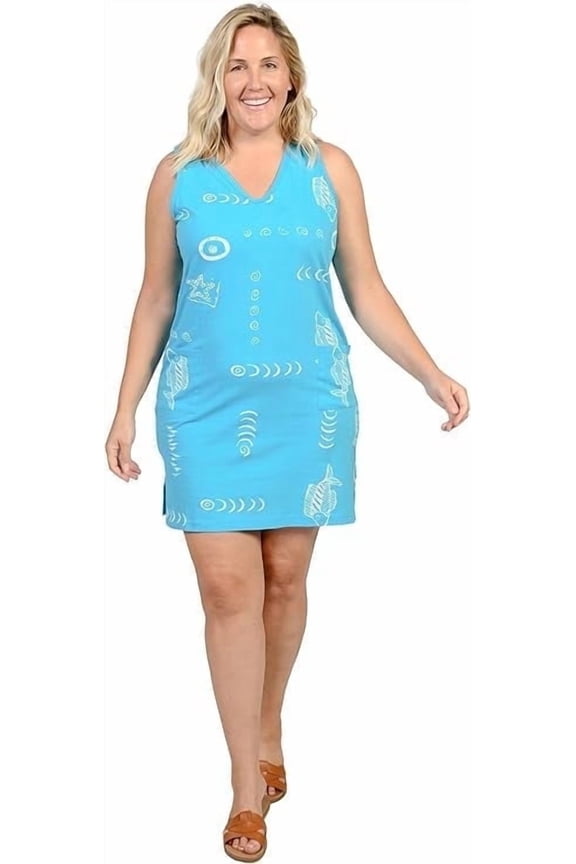 Womens Beach Swimsuit Cover Up Short Cotton Shift Dress Sleeveless Tee with Pockets Blue M