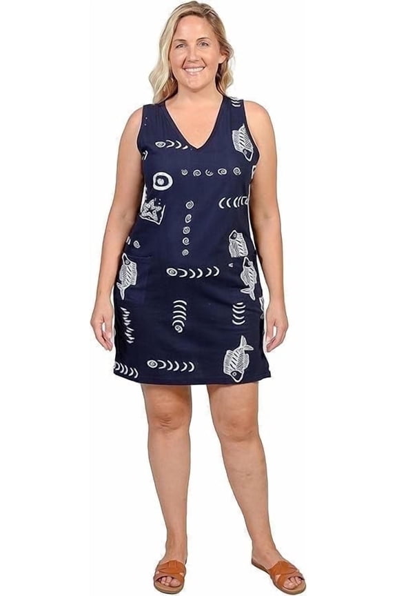 Womens Beach Swimsuit Cover Up Short Cotton Shift Dress Sleeveless Tee with Pockets Blue L