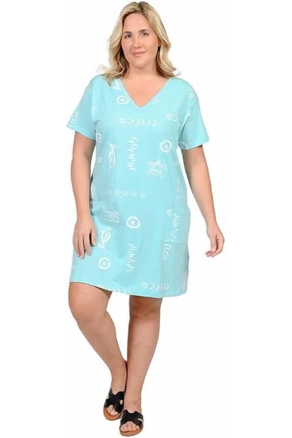 Womens Beach Swimsuit Cover Up, Short Cotton Shift Dress with Pockets, Blue ,L