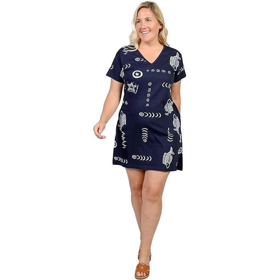 INGEAR Womens Beach Swimsuit Cover Up, Short Cotton Shift Dress with Pockets, Blue ,M