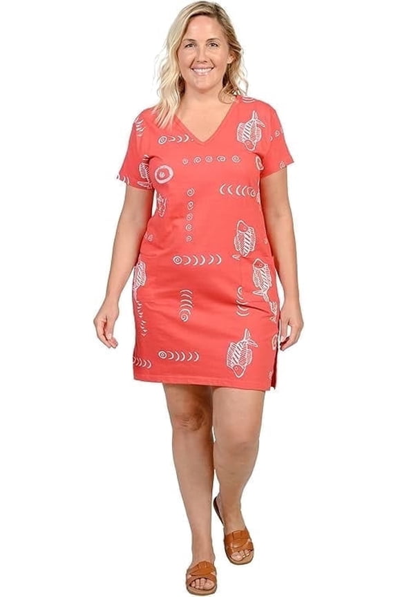 Women’s Beach Swimsuit Cover Up, Short Cotton Shift Dress with Pockets, Red ,L