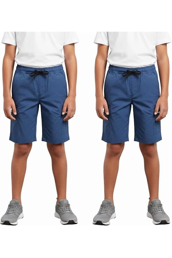 Boys Cargo Shorts, Elastic Waist, Zipper Pockets, 2 Pack, XL