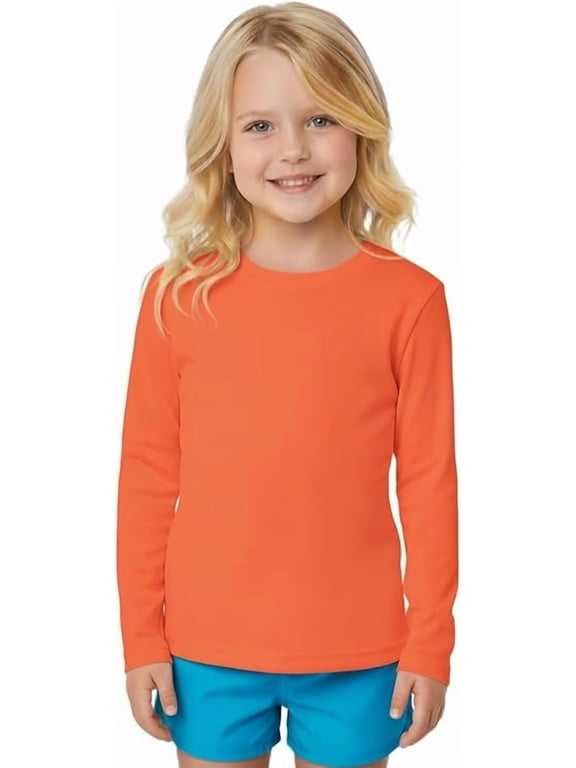 Girls Long Sleeve Rash Guard Swim Shirt Outdoor Sports Shirt Lightweight , Orange, M