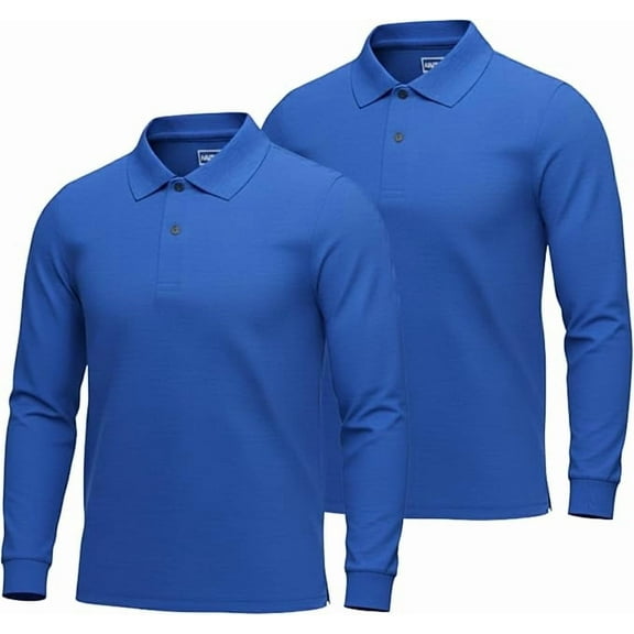 INGEAR Men's Polo Shirts 2-Pack, Dressy Casual Long Sleeve Collared Shirts, Blue XL