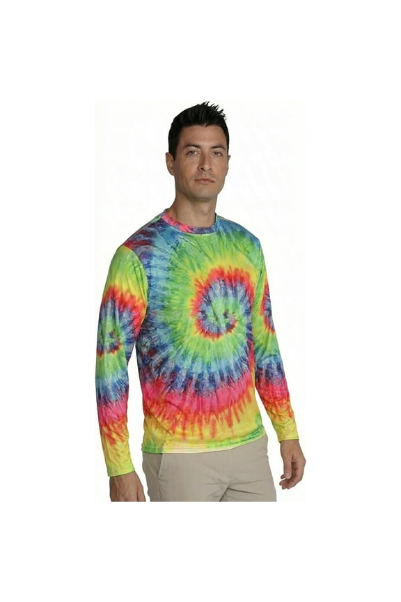 Men's UPF 50+ Long Sleeve Sun Shirt, Quick-Dry UV Protection Rash Guard Bright Tiedye, L