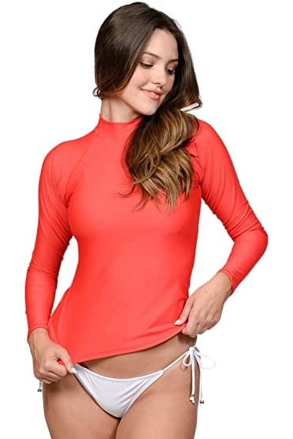 Women’s UV Sun Protection Long Sleeve Rash Guard, Quick-Dry, Red, XXL