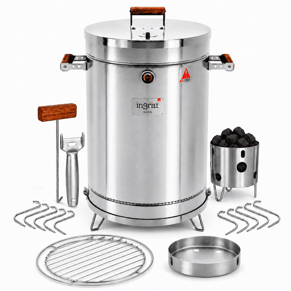 INGRILL 3-in-1 Medium Charcoal Smoker Barrel 40  lbs  Stainless Steel BBQ Drum for Smoking, Grilling & Baking  Portable Outdoor Cooker with Thermometer, Hooks & Grill Rack
